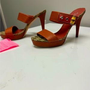 GUCCI thanoie Bamboo Leather Sandals 38 red leather with logo canvas